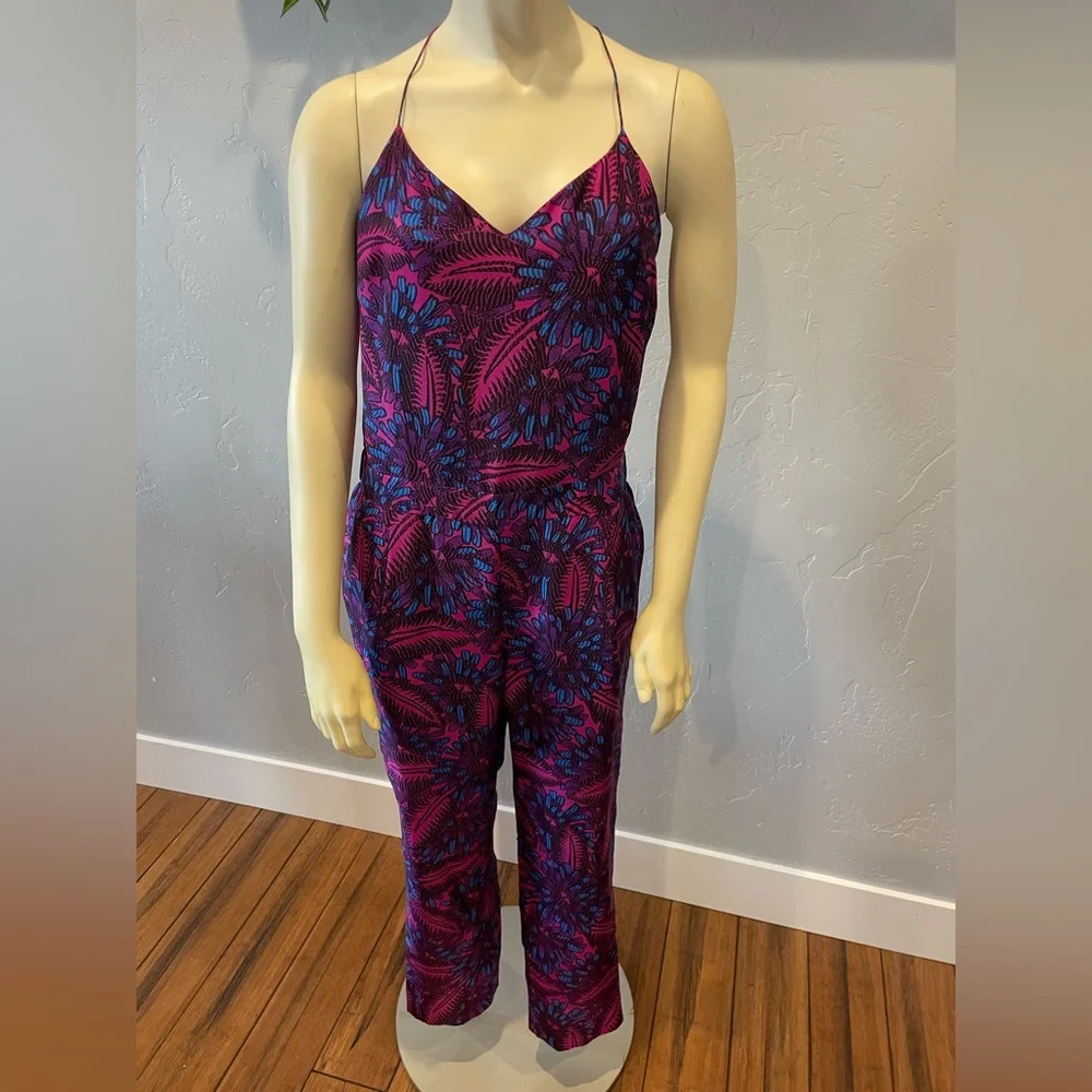 J. Crew Purple & Blue Printed Spaghetti-Strap Jumpsuit
